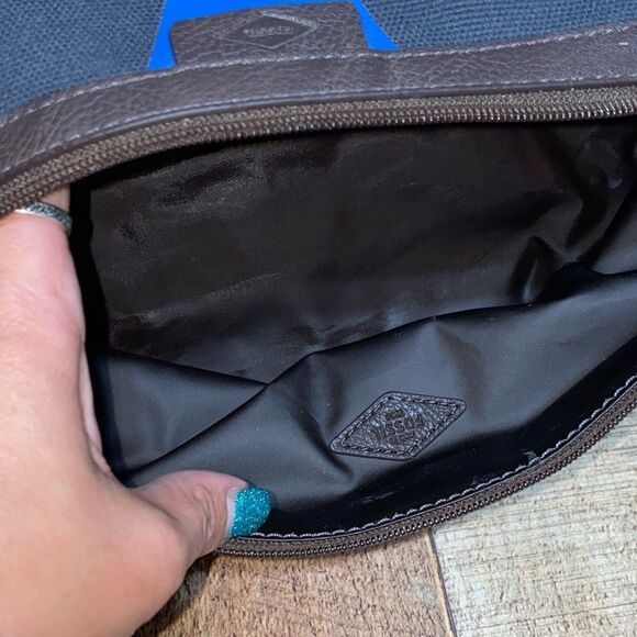 Fossil Men's Leather Framed Toiletry Travel Bag  Dark Brown Navy Blue - Picture 8 of 12